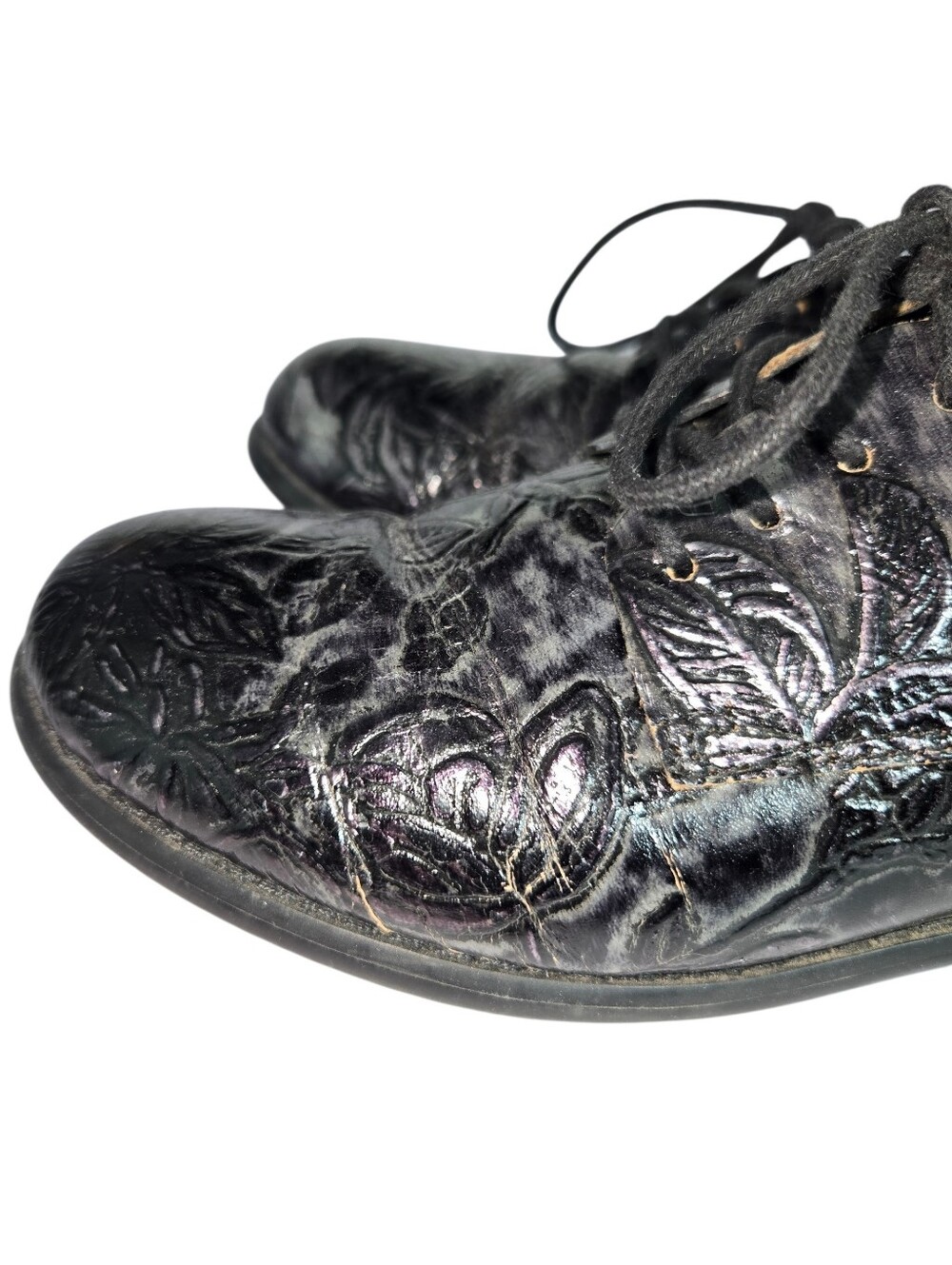 Patricia Nash Black Silver Leather Floral Embossed Lace-Up Oxford Loafers 6.5M - Picture 11 of 15